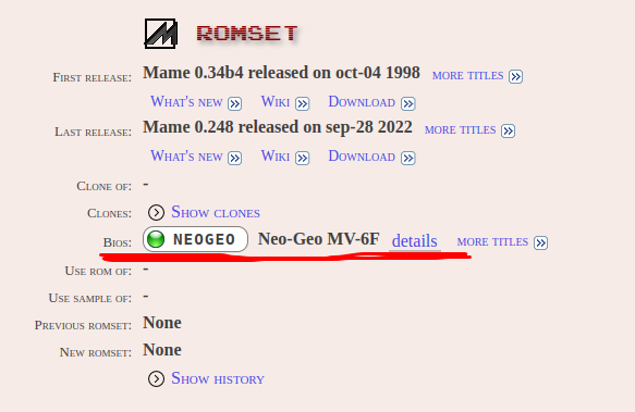 The "ROMSET" section of a game's entry on Arcade Italia.