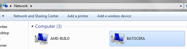 Screenshot showing BATOCERA showing up in the Network section of File Explorer on Windows.
