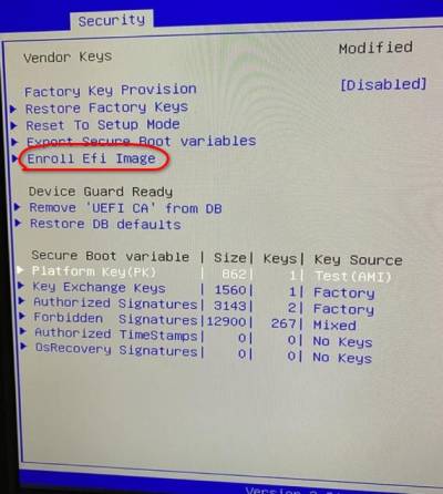 Photo of a motherboard BIOS showing security options, "Enroll Efi Image" is visible.
