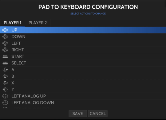 Screenshot of the pad2key configuration window listing the gamepad buttons