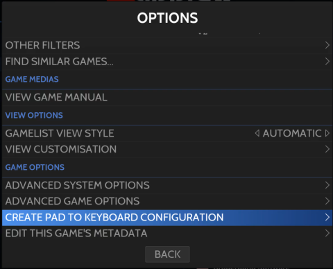 Screenshot of the options screen
