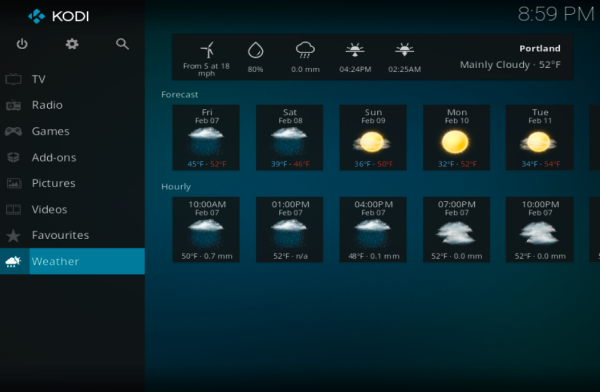 Using the weather widget in Kodi.