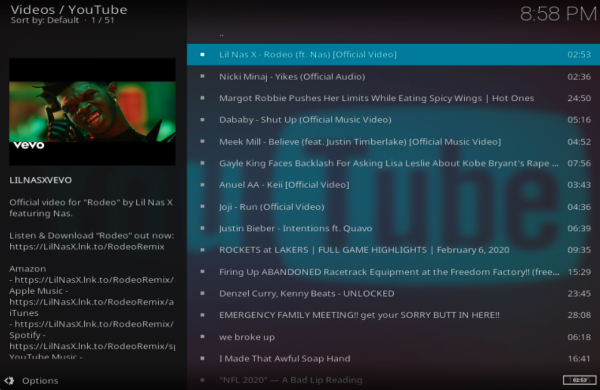 The Youtube add-on running in Kodi.