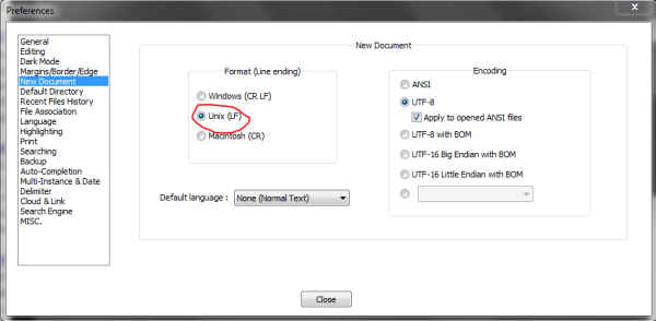 Screenshot showing the preferences window, "New Document" category, with "Format (Line ending)" set to "Unix (LF)".