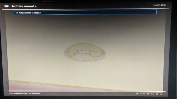 Screenshot showing the achievements menu in RetroArch saying "No achievements to Display."