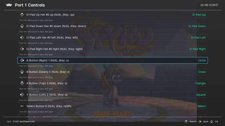 Inside the Controls -> Port 1 menu.