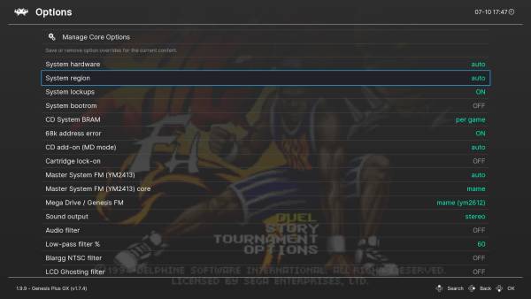 RetroArch's core options menu.