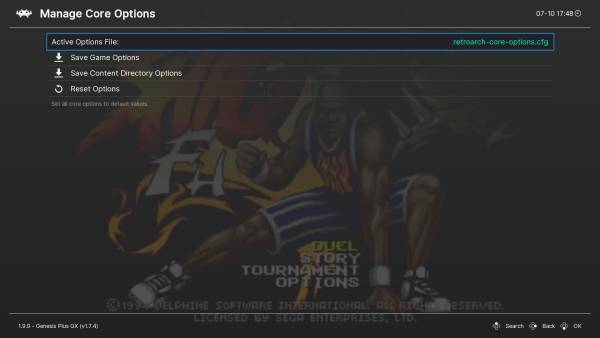 Saving the option file in the manage core options menu.