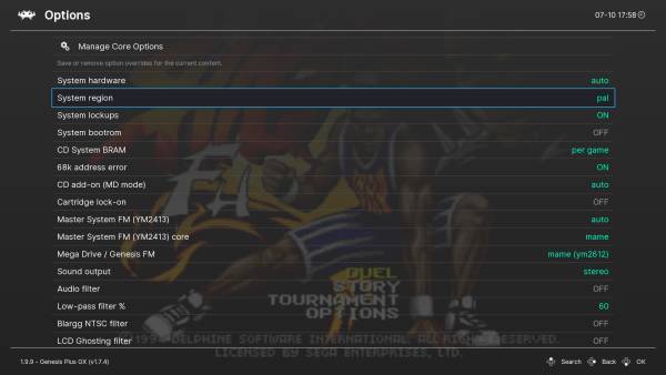 Adjusting various options in the core option menu. You can also use left/right to change options quickly.