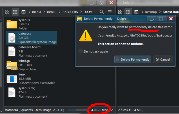 Dialogue showing the permanent delete confirmation window, showing 3 GB is free on the Batocera drive.