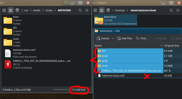 The tar file is open, with all files in it but batocera-boot.conf selected. The remaining free space on the drive is now 7 GB.