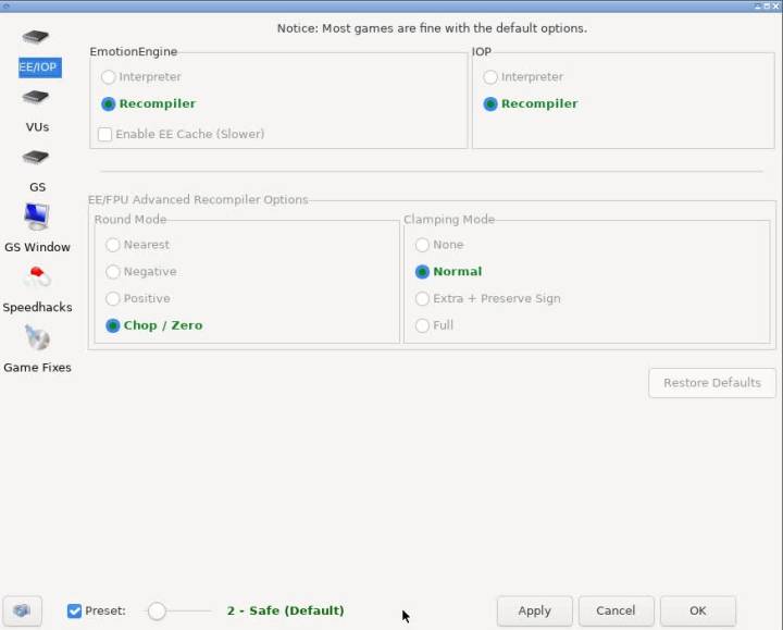 The PCSX2 configuration window.