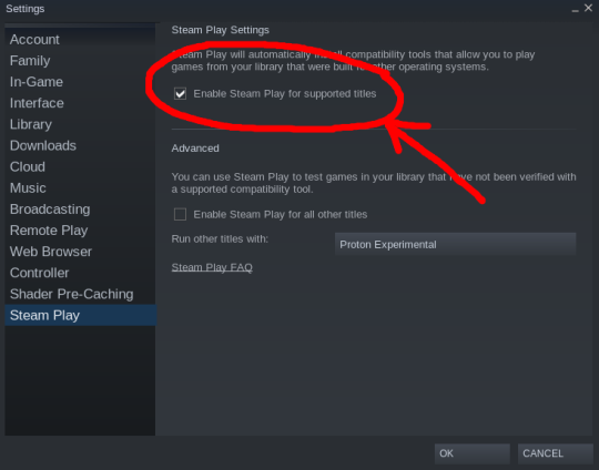 The Steam Play settings menu.