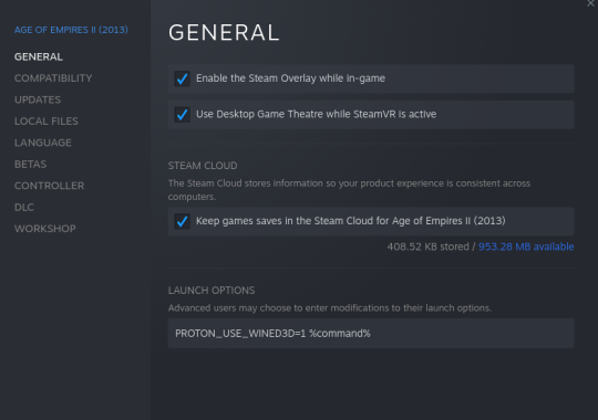 The game's properties menu.