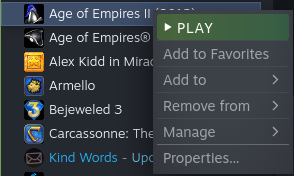 Right-clicking a game in the list opens a menu.